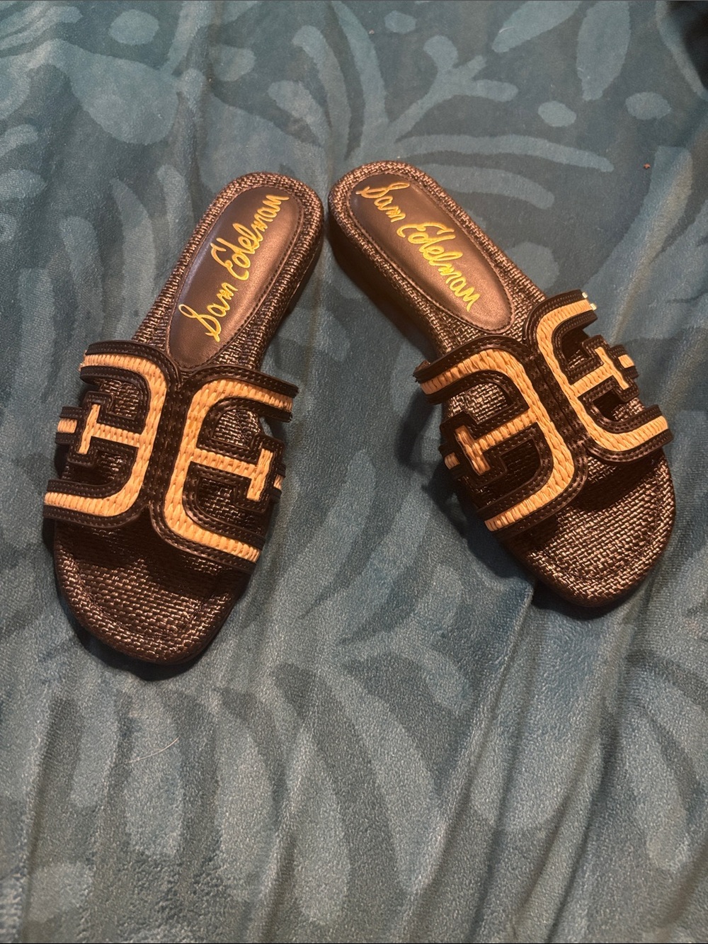 Sam Edelman -Black and Tan Slide Sandals with Woven Detail